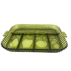 VTG Indiana Glass Green 5 Part EUC Divided Relish Fruit Design Tray 11"x9"